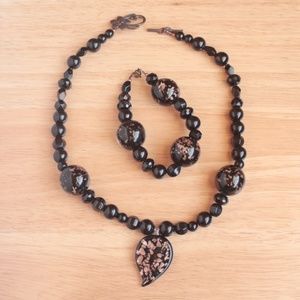 Art Glass Ball Bead Leaf Pendant Necklace Black Copper Bracelet Set Bohemian